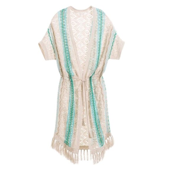 Chico's Women's Beige Teal M Linen Duster Cardigan Fringe Trim Cap Sleeve Size 1 - Picture 1 of 13